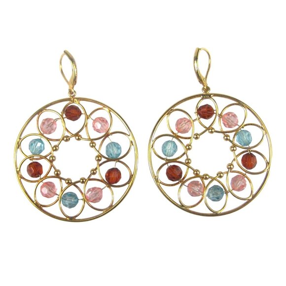 Joan Rivers Gold Tone Hoop Earrings Open Faceted Medallion China Dangle - Picture 1 of 6